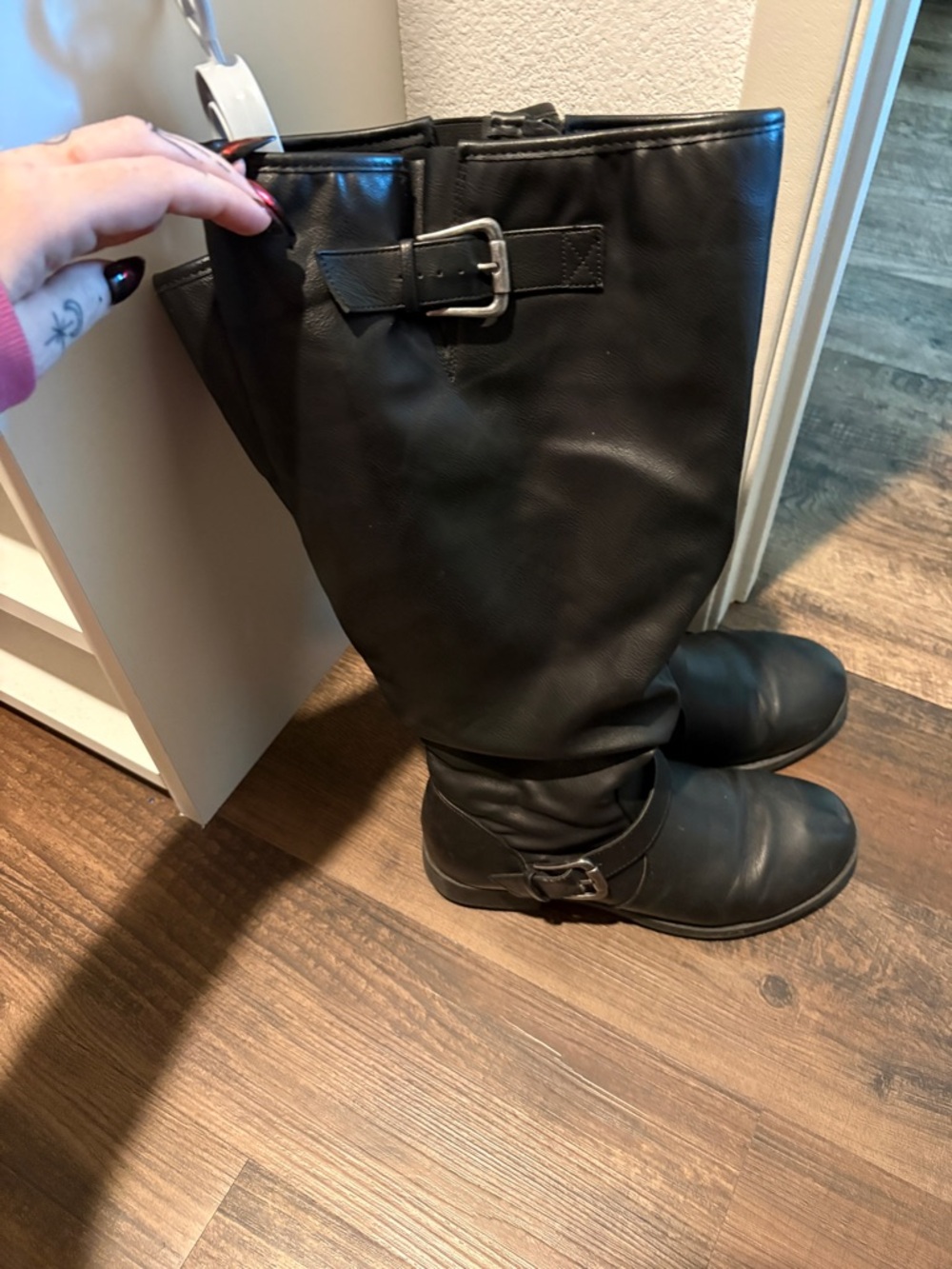 Women's Black Moto Combat Boots with Buckle Detail